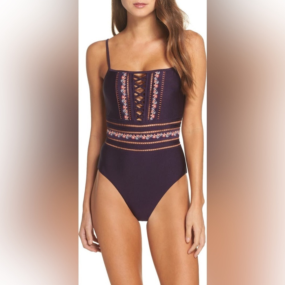Becca Purple Floral Embroidered Open Back One Piece Swimsuit Medium